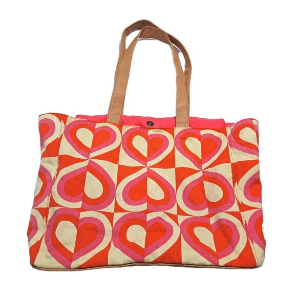 Hearts Retro Vintage Canvas Boat Tote Beach Travel Bag Red Pink White Brown DSW - Picture 1 of 7
